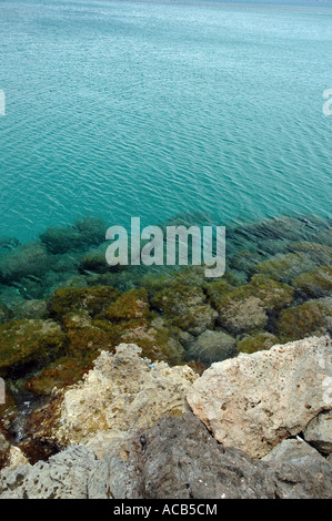 Blick auf Mittelmeer in Kissamos (Kastelli) Stadt, griechische Insel von Kreta. Klares Wasser mit vielen Felsen und Steinen. Stockfoto