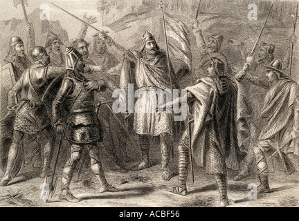 Aufstand von Don Pelayo in Covadonga, Spanien im Jahr 718. Pelagius, c 685 - 737. Westgother Adeliger. Stockfoto