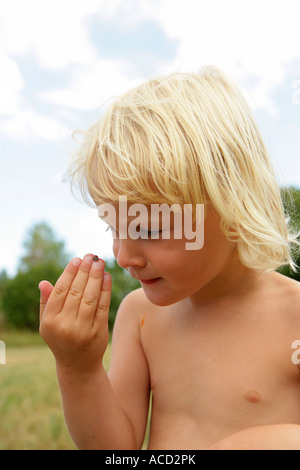 Ein Junge mit einem Marienkäfer an seinem Finger. Stockfoto