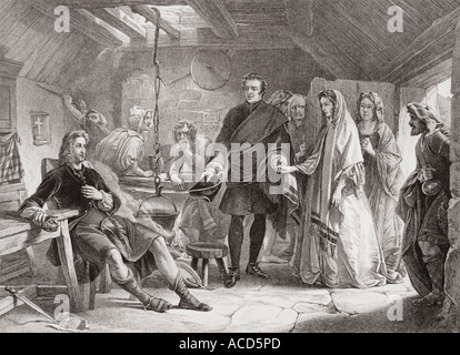 Das erste Treffen von Prinz Charles mit Flora Macdonald auf der Insel South Uist, 1747. Stockfoto
