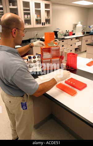 Senior-Labor-Spezialist Vorbereitung DNA-Tests in der Nebraska State Patrol Crime Lab Beweise am Tatort gefunden. Stockfoto
