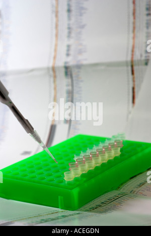 DNA-Forschung mit Grafiken Diagramme Referenz im Hintergrund Stockfoto