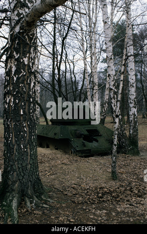 Die Überreste eines sowjetischen t-34-Panzers in der ehemaligen britischen Munitionsdepot, Ruhleben, Berlin, Deutschland. Stockfoto
