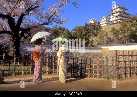 Frauen, die Kimono tragen, genießen am frühen Frühlingsabend einen Blick auf das Schloss des Weißen Egrets, auch bekannt als Himeji Castle in Hyogo, Japan. Stockfoto