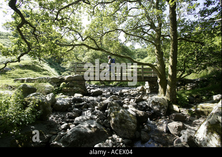 Ein Wanderer durchquert einen Holzsteg über einen Fluss an den Ufern des Lake Ullswater in Cumbria, England Stockfoto