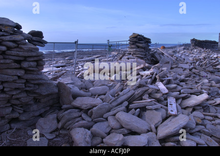 Der Bund oder an der Wand, die das North Ronaldsay Schaf hält ausgeschlossen und brach nach einem Sturm am Strand Stockfoto