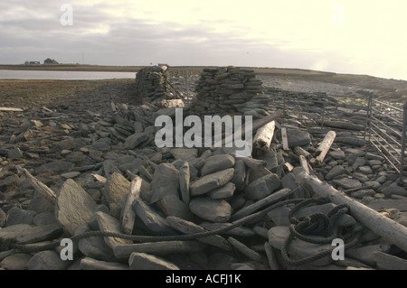 Der Bund, AEMP oder Wand, die das North Ronaldsay Schaf hält ausgeschlossen und brach nach einem Sturm am Strand Stockfoto
