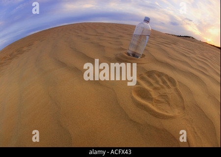 Flasche Wasser auf dem sand Stockfoto