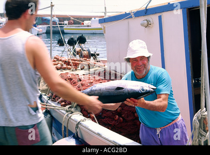 Äolischen Insel Lipari, Italien. Fischer, die Landung Thunfische fangen von einem Fischerboot in den Haupthafen. Stockfoto