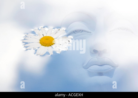 Oxeye Daisy schwimmt auf Wasser mit einem bewölkten reflektiert Himmel und Buddha Kopf Compositing auf das Bild Stockfoto