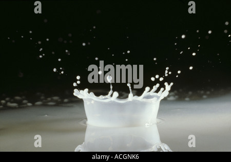 Eine Corona gebildet durch ein Tröpfchen Milch spritzt auf einer Glasoberfläche Stockfoto