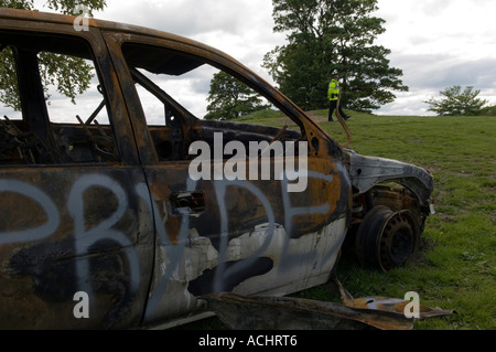 Fahrzeug im Graffiti in einem Feld verlassen verbrannt Stockfoto