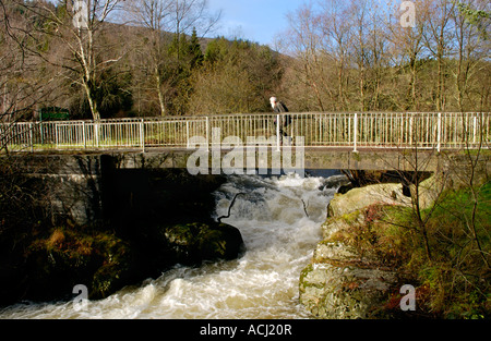 Wanderer-Brücke über den schnell fließenden Fluss Irfon in der Nähe von Llanwrtyd Wells Powys Wales UK Stockfoto