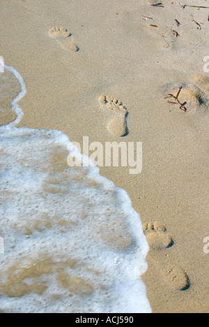 Fußabdrücke auf einem goldenen Sandstrand. Stockfoto