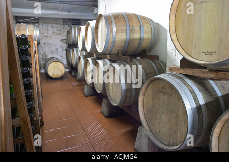 Holzfässer für das Altern des Weins in das Weingut und die Flaschen Sekt auf der linken Seite. Bodega Carlos Pizzorno Winery, Canelon Chico, Canelones, Uruguay, Südamerika Stockfoto