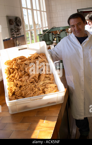 Wie erstelle ich Leberpastete Entenleber (Serie von Bildern): die gereinigten Lebern (mit Nerven entfernt) sind in einem Plastikbehälter Ferme setzen Stockfoto