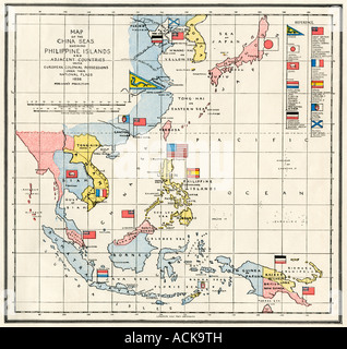 Karte von dem Chinesischen Meer, von den Philippinen und aus europäischen Kolonien in der Region Südostasien 1898. Farblithographie Stockfoto