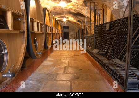 Fässer Wein Altern in den Keller Stapeln von alten Flaschen Altern im Keller Schloss Vannieres (Vannières) La Cadiere (Cadière) Stockfoto