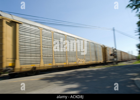 Trainieren Sie mit Güterwagen an einem Bahnübergang Stockfoto