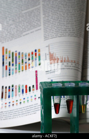 DNA-Proben in einem Reagenzglas Gestell mit Grafiken Diagramme Referenz im Hintergrund Stockfoto