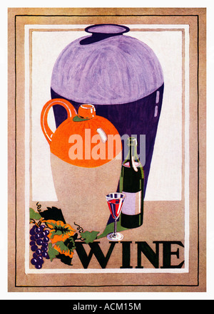 Poster Illustration für Wein Glas Flagon Flasche und Glas zusammen mit einer Reihe von Trauben zu Wein Stockfoto