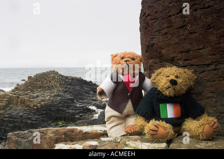 Beni und Blarni bei Giants Causeway Beni und Blarni zwei Teddybären besuchen Giants Causeway Co Antrim-Nordirland Stockfoto