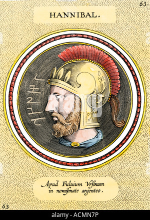 Der karthagische General Hannibal, die eindrangen, Italien und besiegte die antiken römischen Armee. Handcolorierte Radierung Stockfoto