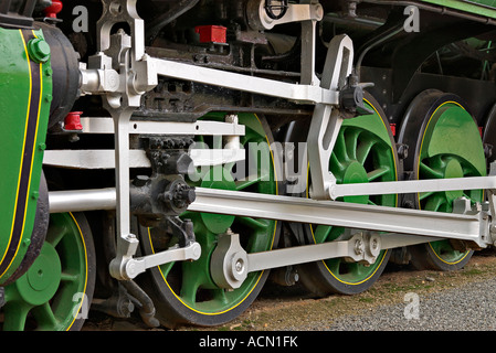 Nahaufnahme von den Rädern einer großen Dampf Zug symbolisiert Macht Stockfoto