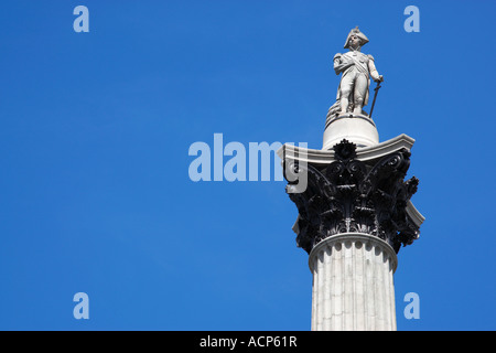 oben in der Spalte Nelsons gegen einen blauen Himmel Trafalgar square London England uk Stockfoto