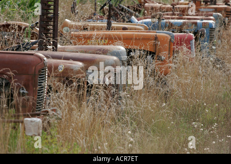 Einer Reihe von alten Jahrgang 1950 Traktoren Rosten in einem Feld in Süd-West Frankreich Stockfoto