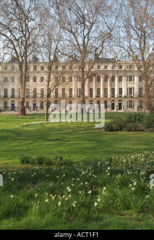 Gärten am Fitzroy Square mit Robert Adams Fassade dahinter umfasst eine Zeit Residenz von George Bernard Shaw und Virginia Stephen London England Großbritannien Stockfoto