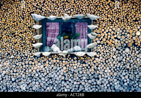 Brennholz Log Haufen um Haus Fenster im bayerischen Dorf in der Nähe von München München Deutschland gebaut. Schnee fällt. Funghi um Fenster Stockfoto