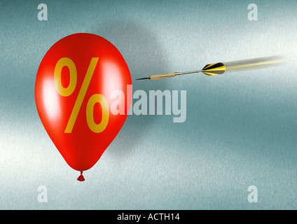 Ballon-Witz-Prozentsatz-Logo und einem fliegenden Ballon Mit Prozentzeichen Und Ein Fliegender Dartpfeil dart Stockfoto
