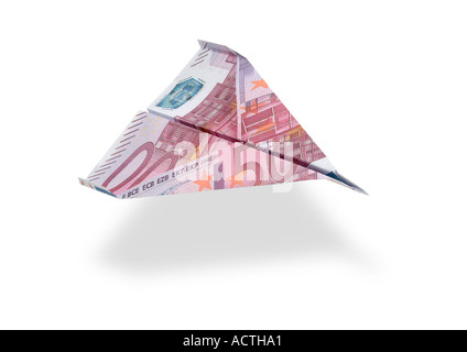 Paperflier hergestellt aus einem Euro-Schein Papierflugzeug aus Euroschein Stockfoto