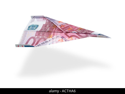 Paperflier hergestellt aus einem Euro-Schein Papierflugzeug aus Euroschein Stockfoto