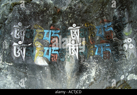 Nahaufnahme des gravierten buddhistische Mantras Zeichen auf Felsen im Tal der Everest Nepal Stockfoto