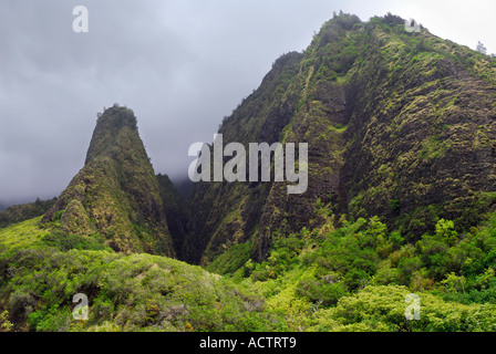 Die Iao Needle und Gulch mit niedrigen Wolken am Iao Valley State Park Maui Hawaii Stockfoto