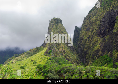 Die Nadel und entfernten Wasserfällen Iao Valley State Park Maui Stockfoto