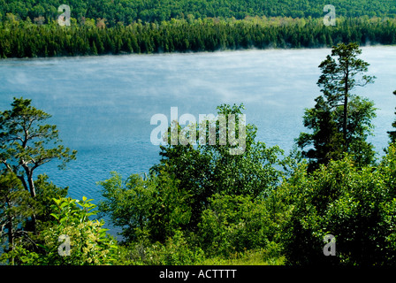 EINE LANDSCHAFTSANSICHT DER DAMPF AUS DEM SEE, UMGEBEN VON BÄUMEN Stockfoto