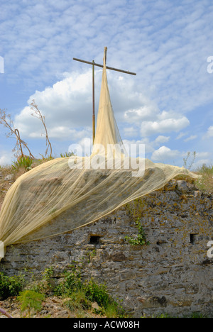 Fischernetz am Kreuz Form an der Spitze der Isola Maggiore am Lago Trasimeno, in Umbrien, Italien Trocknen aufgehängt. Stockfoto