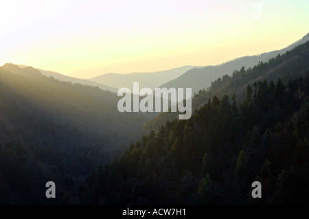 Geschichteten Gebirge landschaftlich am Newfound Gap bei Sonnenuntergang in The Great Smoky Mountains National Park, USA. Stockfoto