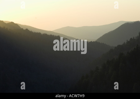 Geschichteten Gebirge landschaftlich am Newfound Gap bei Sonnenuntergang in The Great Smoky Mountains National Park, USA. Stockfoto