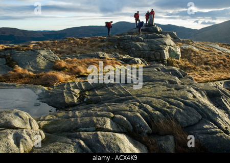 Wanderer auf dem Gipfel des Craiglee im Bereich von Dungeon der Galloway Hills, Dumfries und Galloway, Schottland, Großbritannien Stockfoto