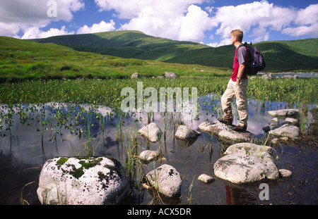 Sommer Hügel zu Fuß männliche Hügel Walker auf Trittsteine am Loch Neldricken in Galloway Forest Park Scotland UK Stockfoto