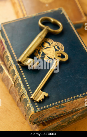 Zwei Messing antik Schlüssel Handauflegen Antik-Leder gebundene Bücher Stockfoto