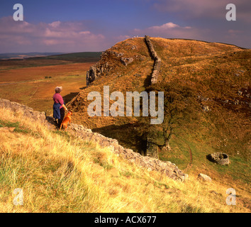 Wanderer mit Hund an Hadrian Wand in der Nähe von Haltwhistle Northumberland National Park, UK Stockfoto