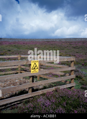 Warnschild an der Deckelung der ein alter Bergwerkstollen, blanchland Moor, Northumberland, England, UK. Stockfoto