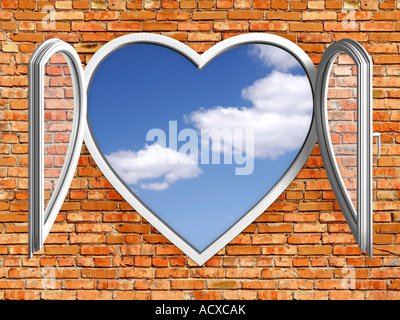 Konzeptionelle Darstellung, die blauer Himmel dahinter offenen Herzen PVC Fenster in Wand geformt Stockfoto