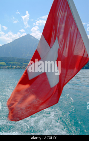 Schweizer Flagge im Wind mit Blick auf See Stockfoto