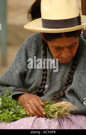 Alte Frau verkauft Werk in einem Straßenmarkt Peru Südamerika Stockfoto